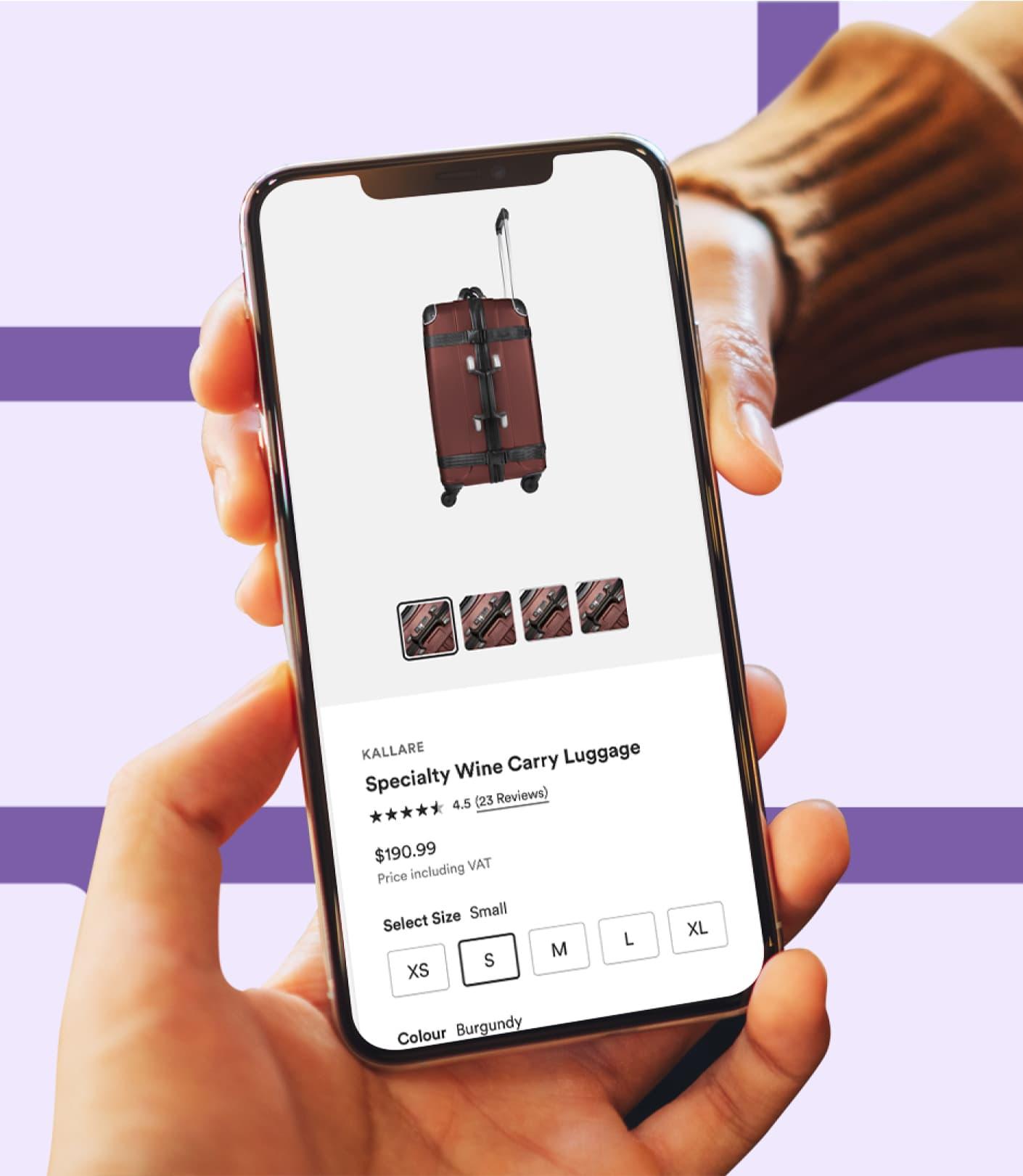 A person holding a mobile phone. The screen shows a specialty wine carrying case with a size selector, product reviews, and a price.