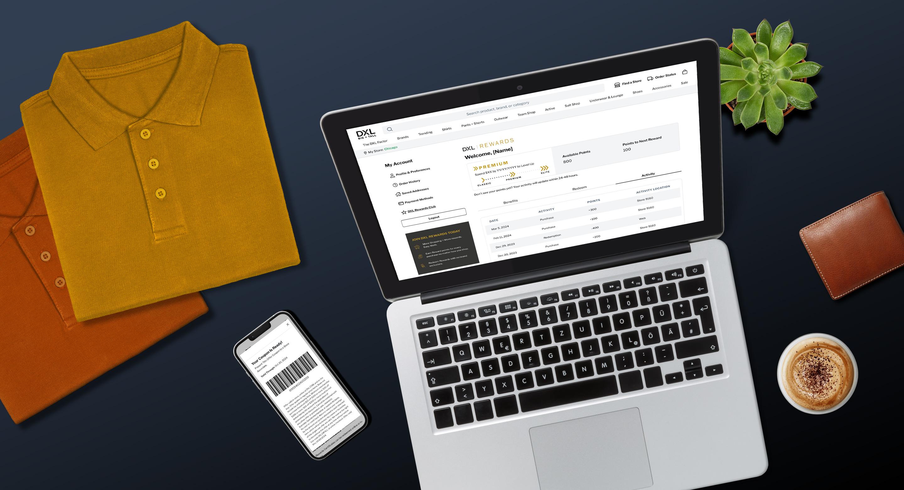 A flat lay of a workspace with folded polo shirts, a laptop displaying a rewards dashboard, a smartphone with a barcode, a wallet, coffee, and a succulent.