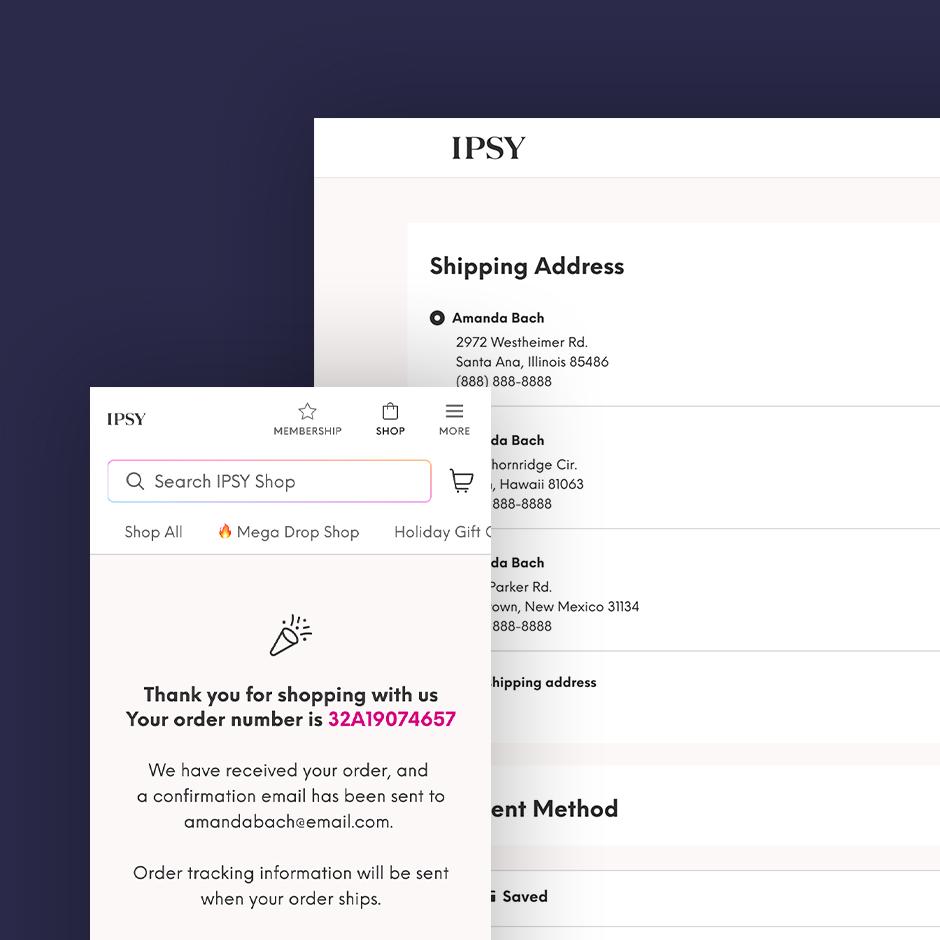 Ecommerce checkout confirmation screens, showing a completed order with order number alongside a shipping address view, illustrating a seamless purchase and fulfillment experience across devices.