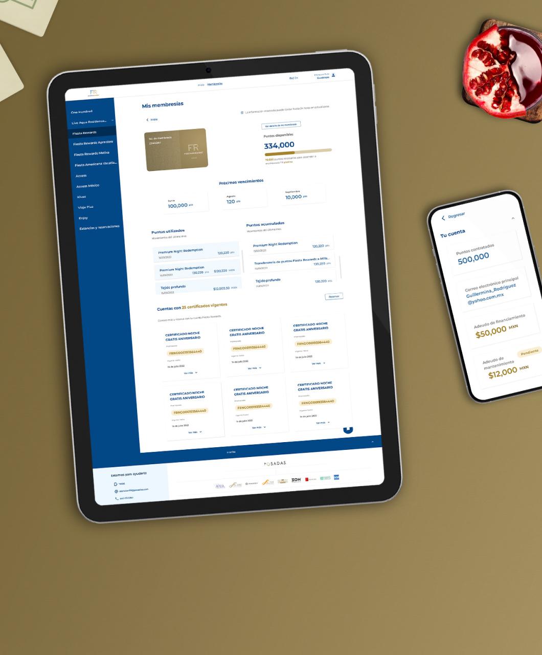 A tablet and a smartphone showing the unified loyalty experience for Grupo Posadas.
